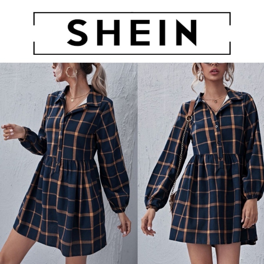 SHEIN Long Sleeve Plaid Dress in Navy and Orange